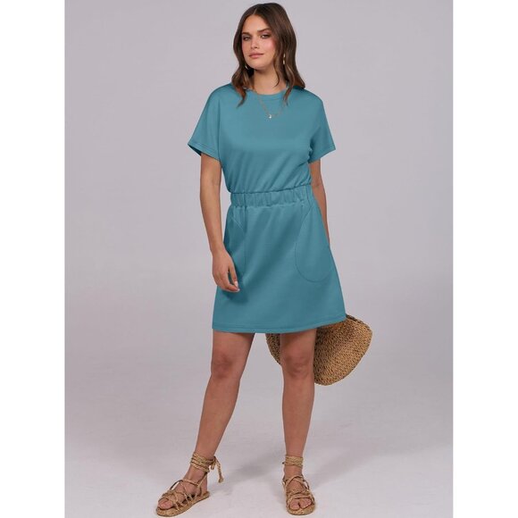 Anrabess Women Teal Crew Neck Elastic Waist Mini T Shirt Dress With Pocket - Picture 6 of 6